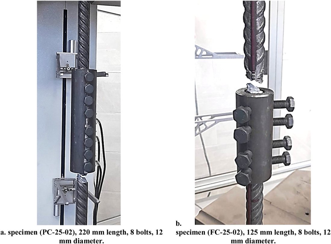 Tension test specimens: the reinforcing bars have ruptured outside the coupler, which is undamaged.