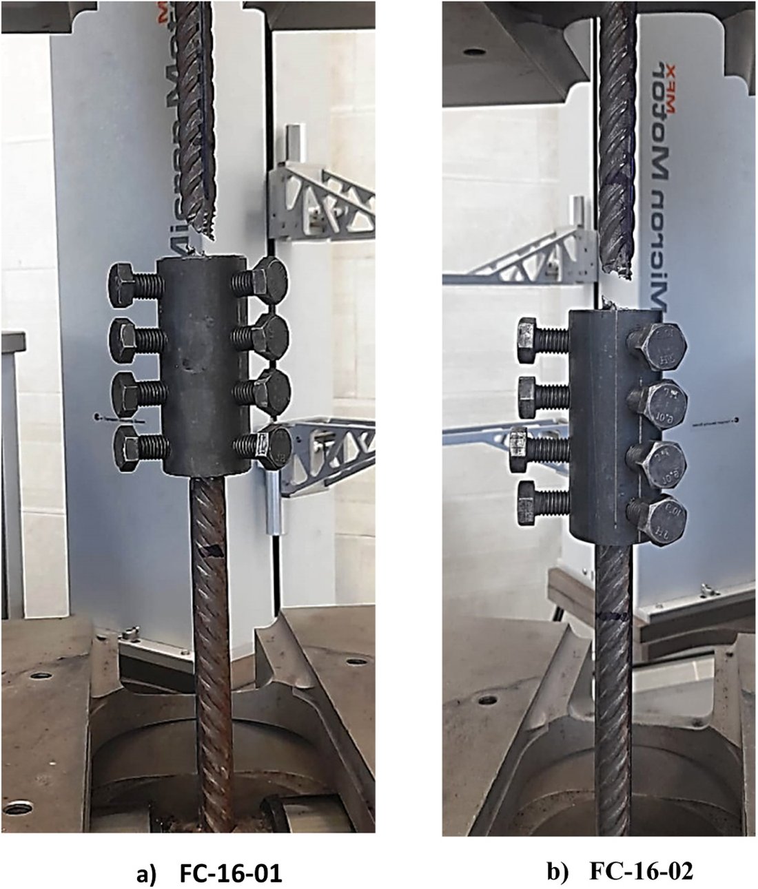 A rebar coupler specimen mounted in a universal testing machine during a tension test.