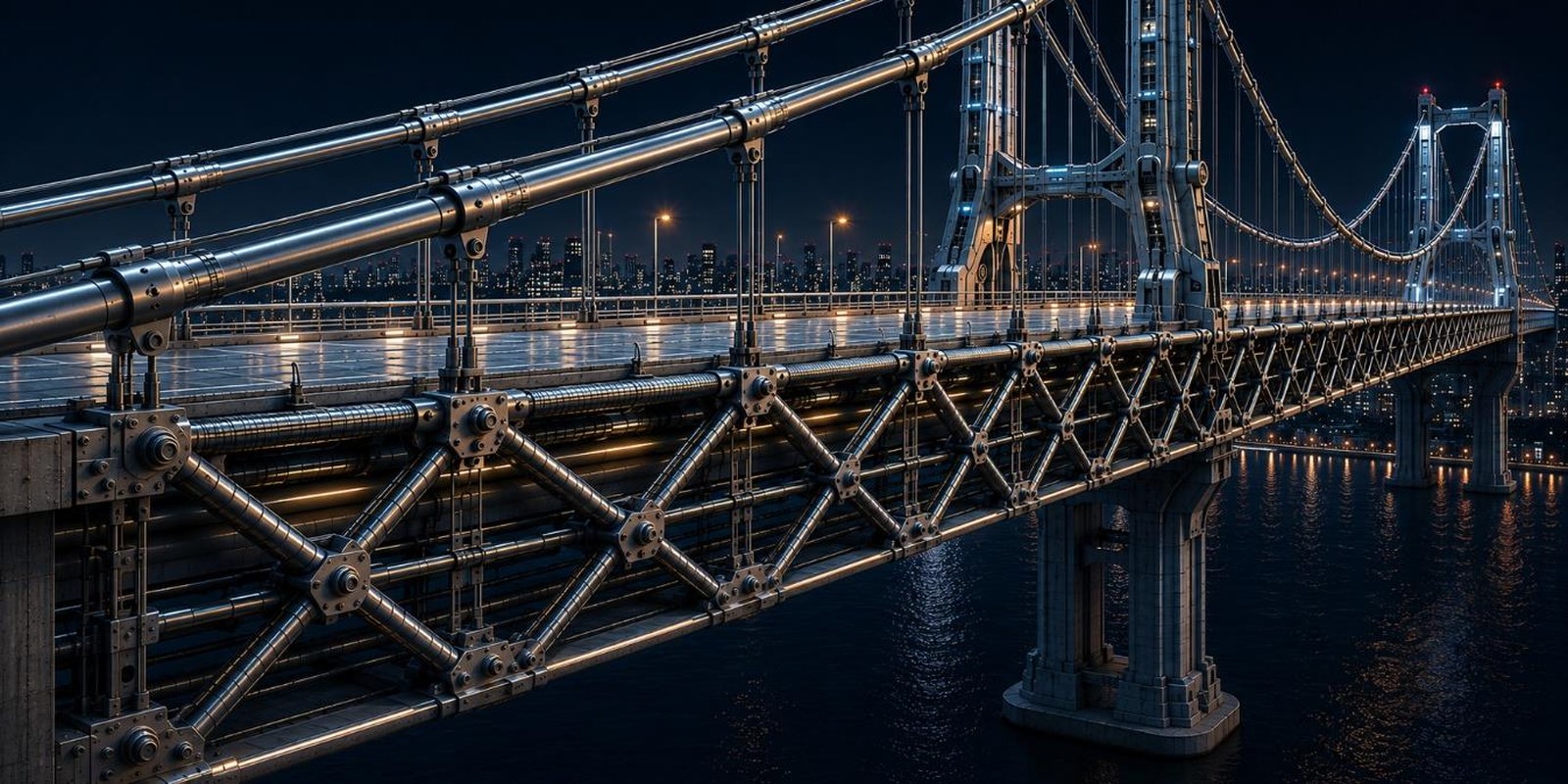 A steel truss and cable bridge lit at night over water, with a city skyline behind it.