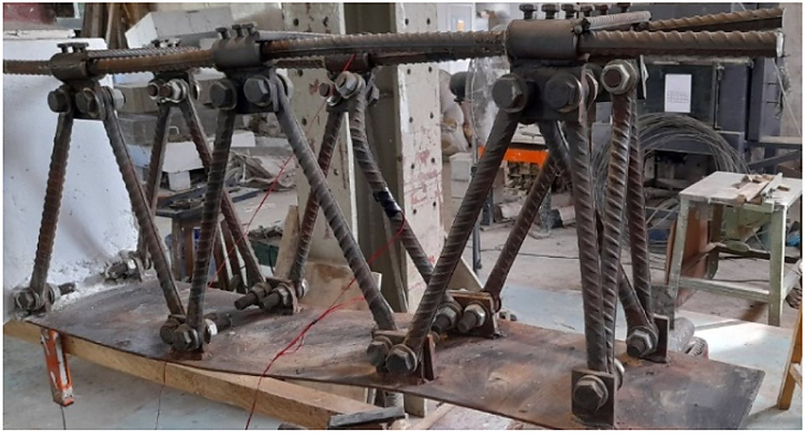 A rebar truss assembled with bolted mechanical joints, before casting.