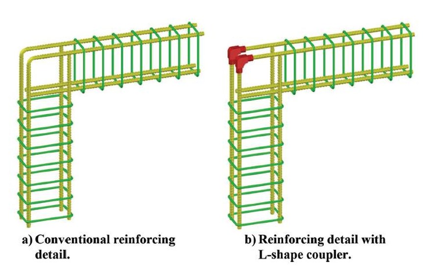 Two reinforcement cages: conventional detailing with bent bars, and the same corner detailed with an L-shape coupler.