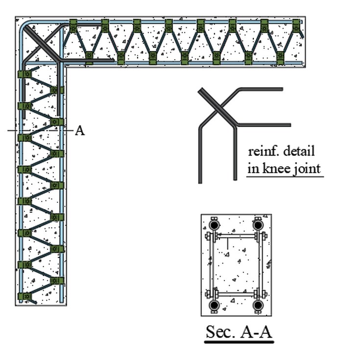 Reinforcement detail of the knee joint with section A-A through the member.