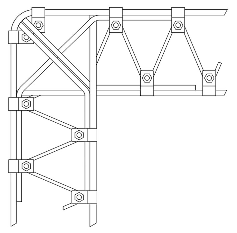 Line drawing of the rebar truss system through a knee joint, with bolted mechanical joints at every node.