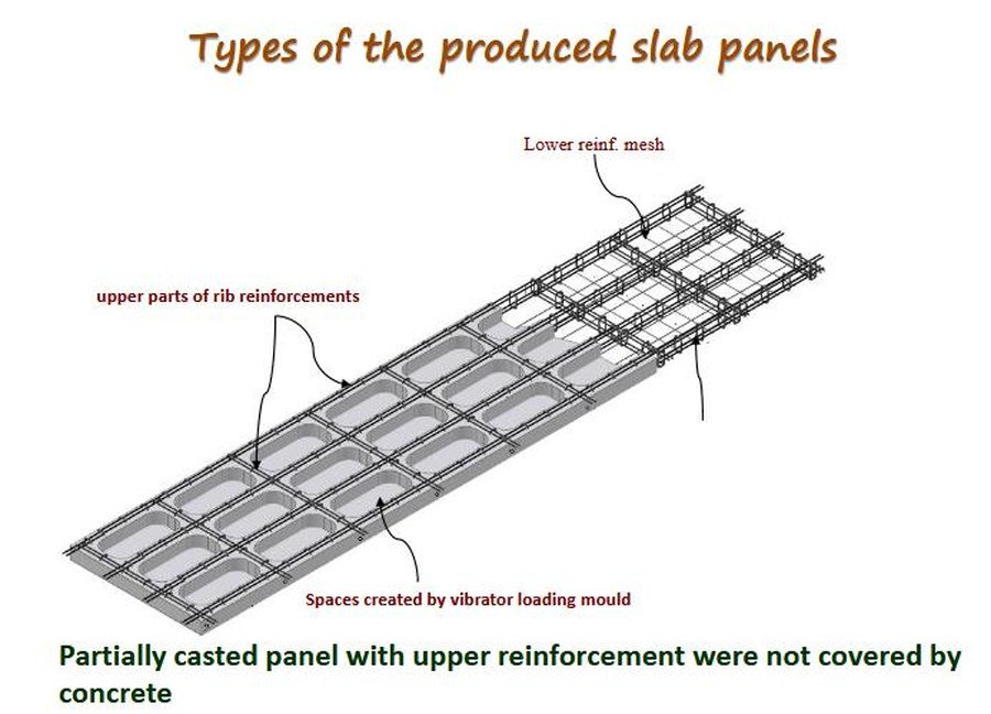 Isometric of a produced slab panel: lower reinforcement mesh, upper parts of the rib reinforcement left exposed, and the voids created by the vibrator loading mould.