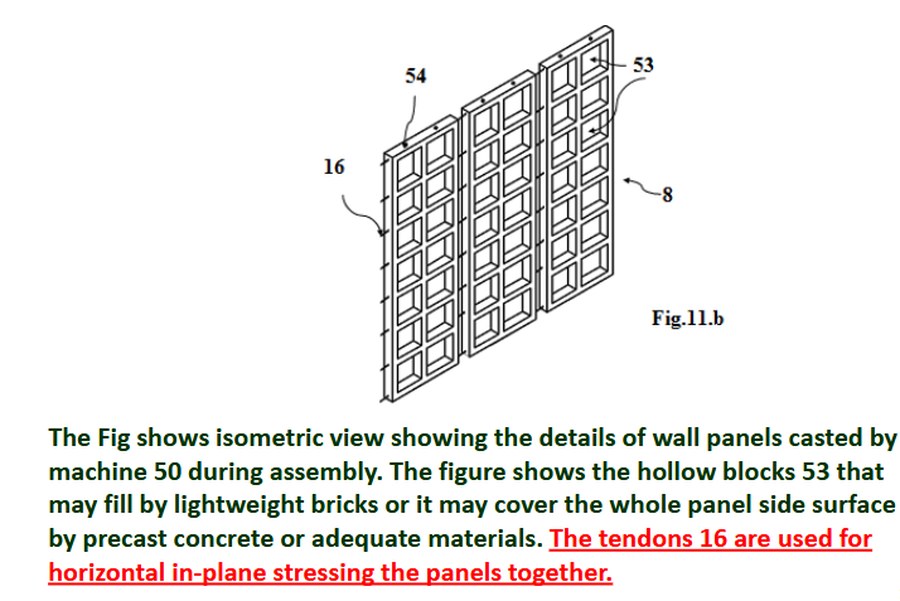 Isometric of wall panels showing the hollow blocks and the tendons used for horizontal in-plane stressing.